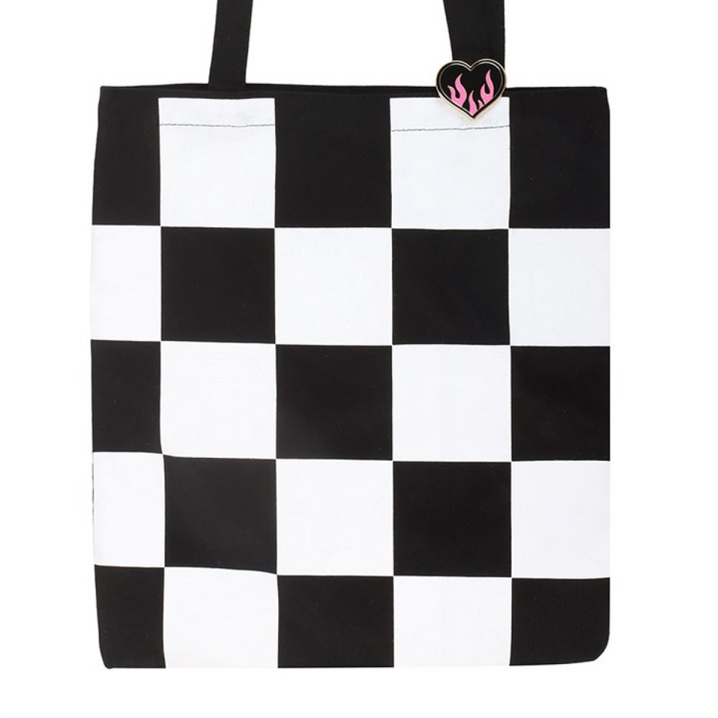 Checkerboard Print Polycotton Tote Bag with Enamel Heart Pin Badge